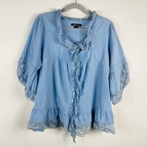Roaman's Blouse Top 18 Blue Lace Button Ruffle Detail